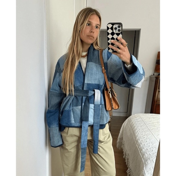 NWT Sissel Edelbo Free People Neo Leftover Patchwork Denim Jean Jacket Blue - Picture 12 of 17